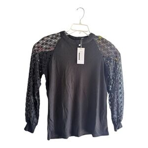 Goth Coquette Miholl Top Reg Medium Black Lace Sleeve Waffle Knit Back Zipper